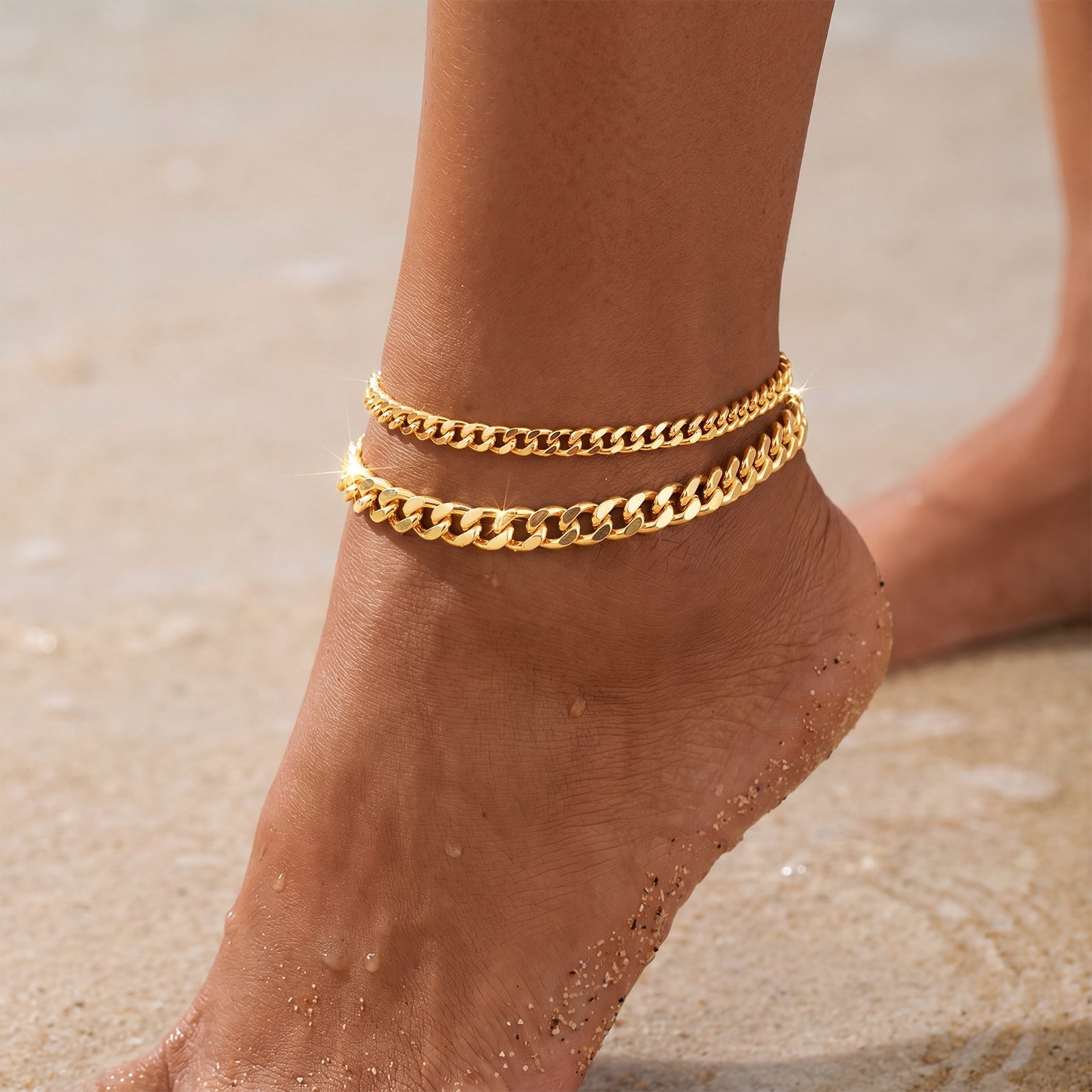 Home uniqtrue 14k gold plated ankle bracelets for women waterproof, stack stacked chunky gold anklets set non tarnish stackable stacking dainty cuban link chain ankle bracelet pack fashion jewelry gift